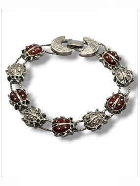 Vintage 90s Tofa Ladybug Slide Charm Bracelet Silver and Red